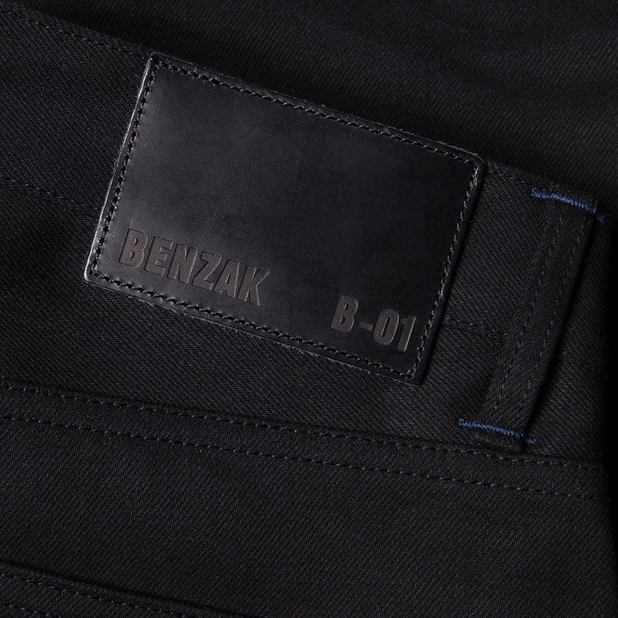 men's slim fit italian selvedge denim jeans | black warp & weft | benzak B-01 SLIM 13 oz. black selvedge | candiani | leather patch