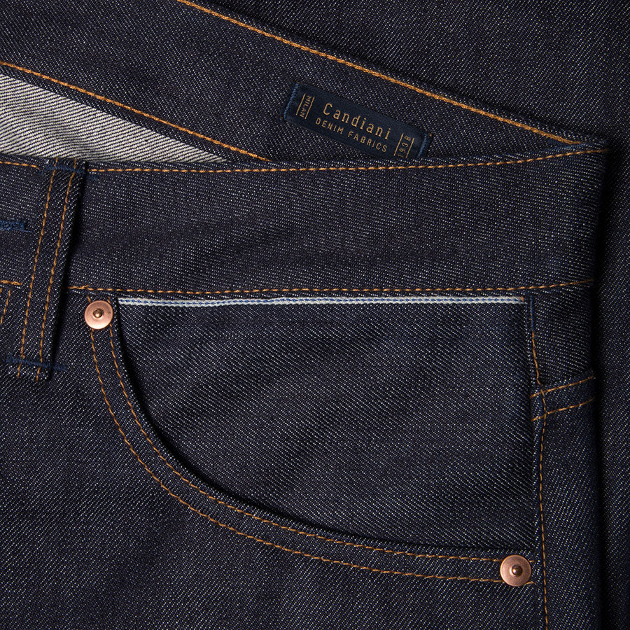 men's slim fit italian selvedge denim jeans | indigo | benzak B-01 SLIM special #2 15 oz. vintage indigo selvedge | candiani | hidden sixth pocket | hidden 6th pocket