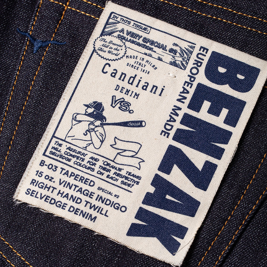 men's tapered fit italian selvedge denim jeans | indigo | benzak | B-03 TAPERED special #2 15 oz. vintage indigo selvedge | candiani | pocket flasher | artwork
