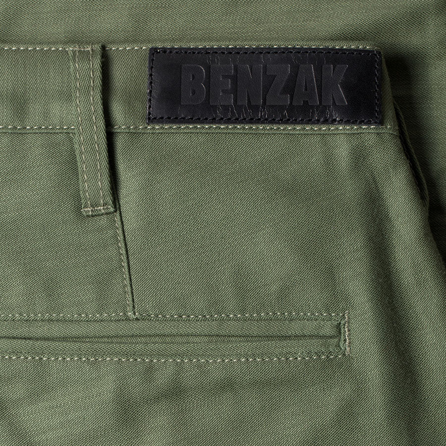 men's tapered fit chino | sateen | BC-01 TAPERED CHINO 10 oz. army green military twill | benzak | leather patch