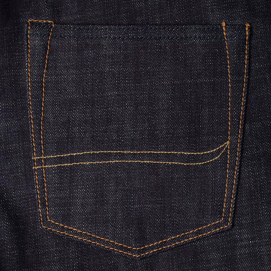 men's high waist tapered fit japanese selvedge denim jeans | indigo | made in japan | benzak BDD-516 heavy slub 16 oz. RHT | back pocket arc