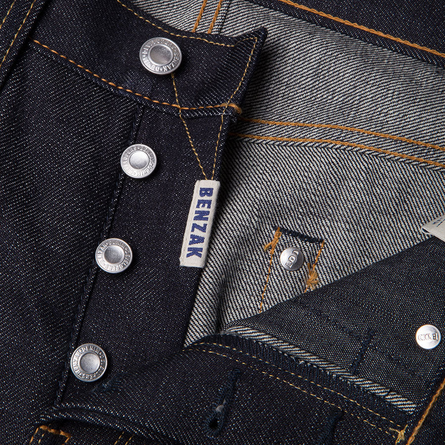 men's tapered fit japanese selvedge denim jeans | indigo | made in japan | benzak BDD-711 special #1 low tension 14 oz. RHT | 4 button fly | four button fly