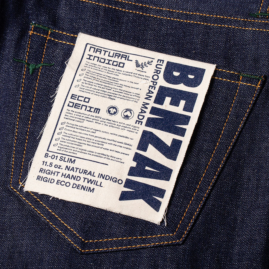 men's slim fit italian selvedge denim jeans | indigo | benzak | B-01 SLIM 11.5 oz. natural indigo eco denim | berto industria tessile | 100% organic cotton | sustainability | pocket flasher | artwork