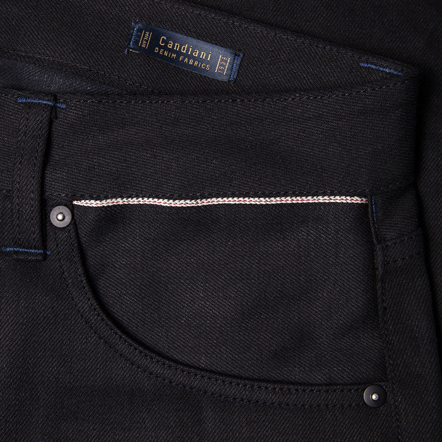 men's slim fit italian selvedge denim jeans | black warp & weft | benzak B-01 SLIM 13 oz. black selvedge | candiani | hidden 6th pocket | hidden sixth pocket