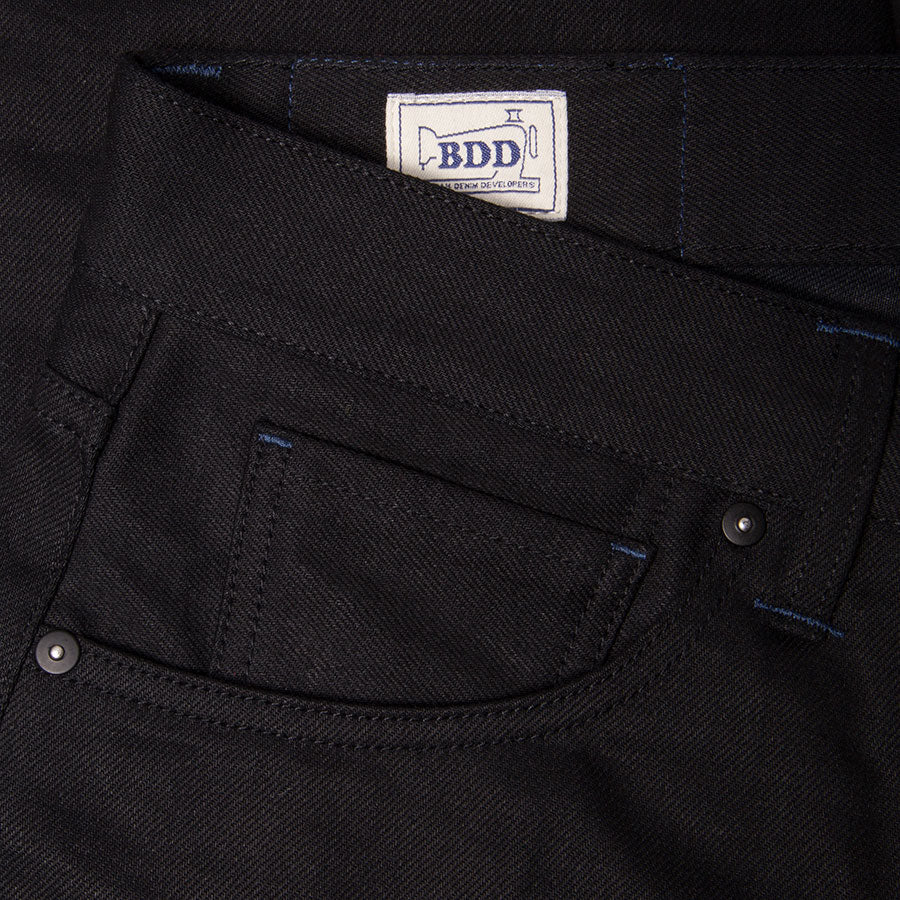 men's slim fit italian selvedge denim jeans | black warp & weft | benzak B-01 SLIM 13 oz. black selvedge | candiani | coin pocket