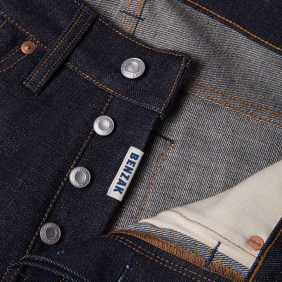 men's slim fit japanese selvedge denim jeans | indigo | benzak B-01 SLIM 15.5 oz. Kojima selvedge | Collect Mills | four button fly | 4 button fly