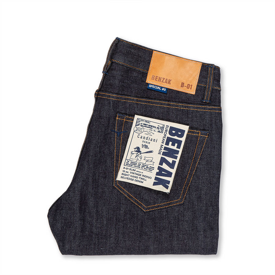 men's slim fit italian selvedge denim jeans | indigo | benzak B-01 SLIM special #2 15 oz. vintage indigo selvedge | candiani | pocket flasher