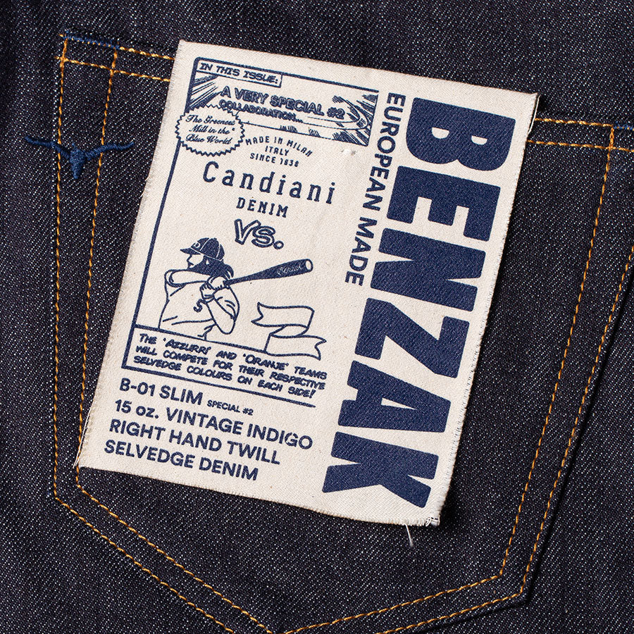 men's slim fit italian selvedge denim jeans | indigo | benzak B-01 SLIM special #2 15 oz. vintage indigo selvedge | candiani | pocket flasher | artwork