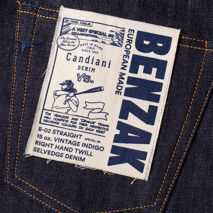men's straight fit italian selvedge denim jeans | indigo | benzak | B-02 STRAIGHT special #2 15 oz. vintage indigo selvedge | candiani | pocket flasher | artwork 