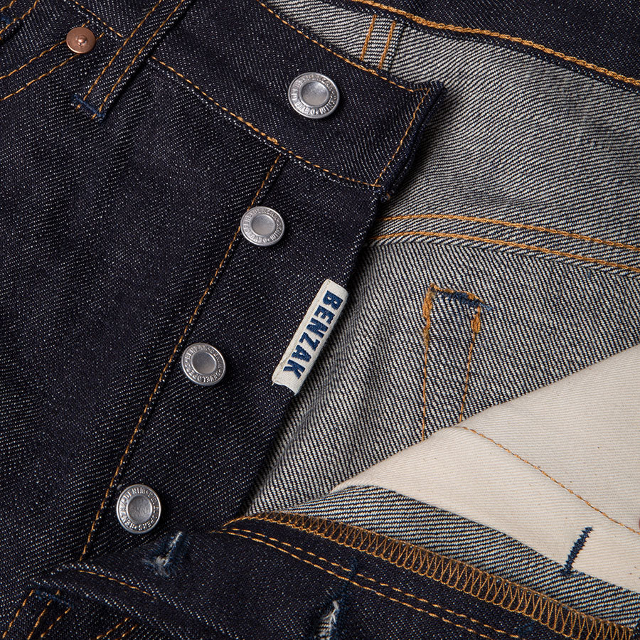 men's tapered fit japanese selvedge denim jeans | indigo | benzak | B-03 TAPERED 15.5 oz. Kojima selvedge | Collect Mills | Japanese Denim | four button fly | 4 button fly