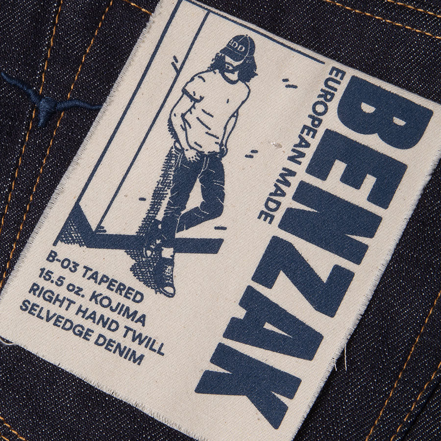 men's tapered fit japanese selvedge denim jeans | indigo | benzak | B-03 TAPERED 15.5 oz. Kojima selvedge | Collect Mills | Japanese Denim | pocket flasher | artwork