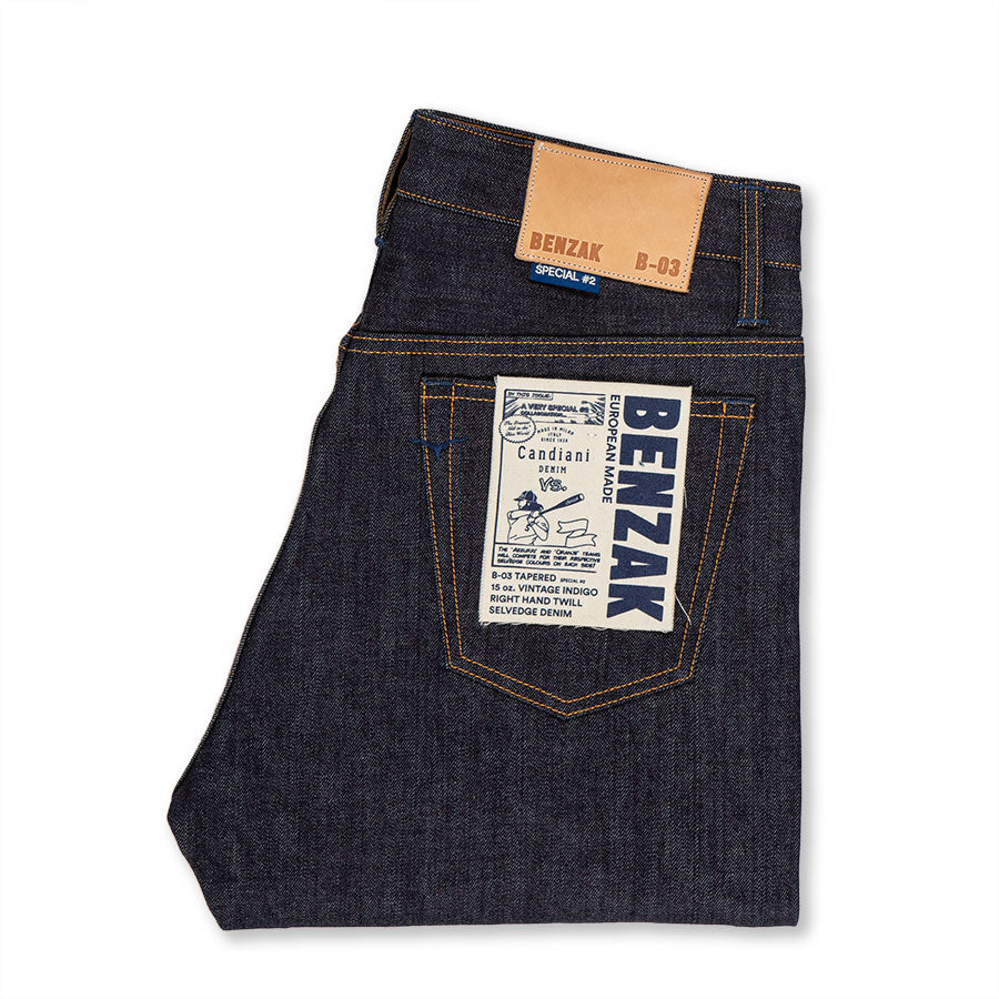 men's tapered fit italian selvedge denim jeans | indigo | benzak | B-03 TAPERED special #2 15 oz. vintage indigo selvedge | candiani | pocket flasher
