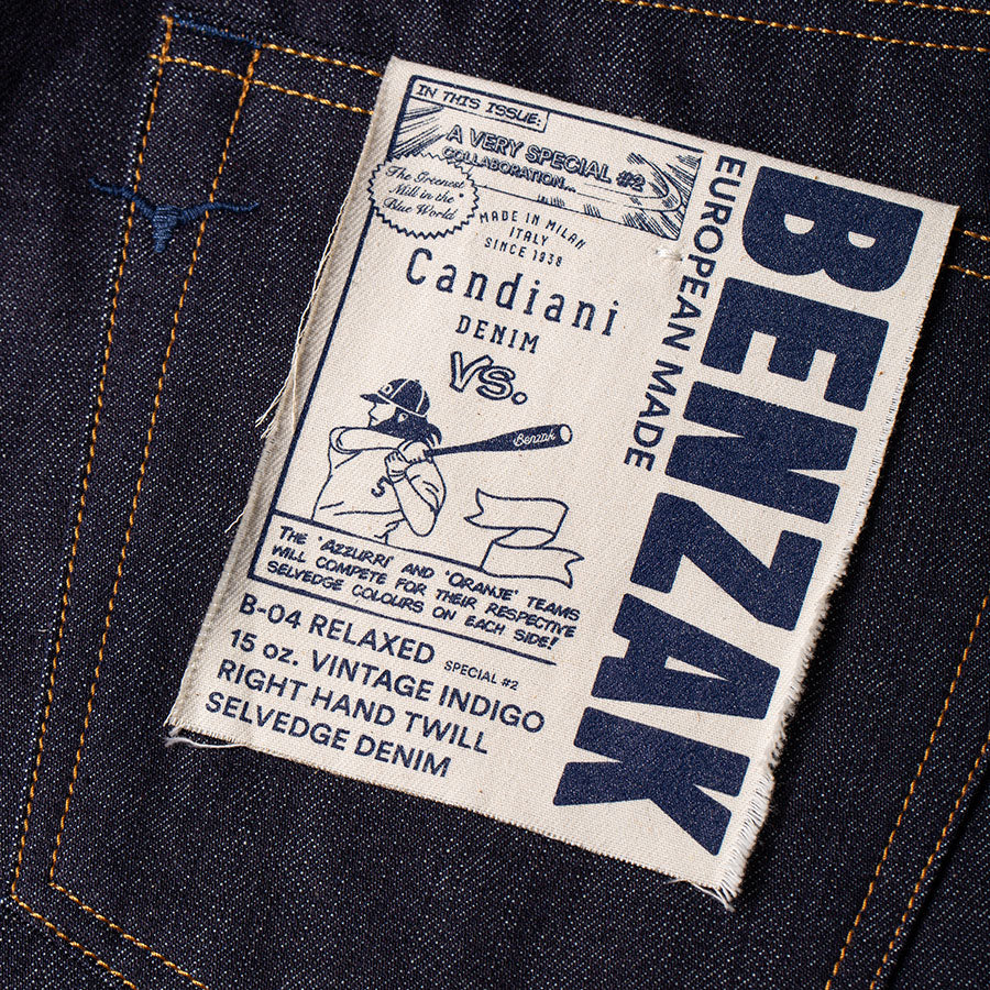 men's relaxed fit italian selvedge denim jeans | indigo | benzak | B-04 RELAXED special #2 15 oz. vintage indigo selvedge | candiani | pocket flasher | artwork
