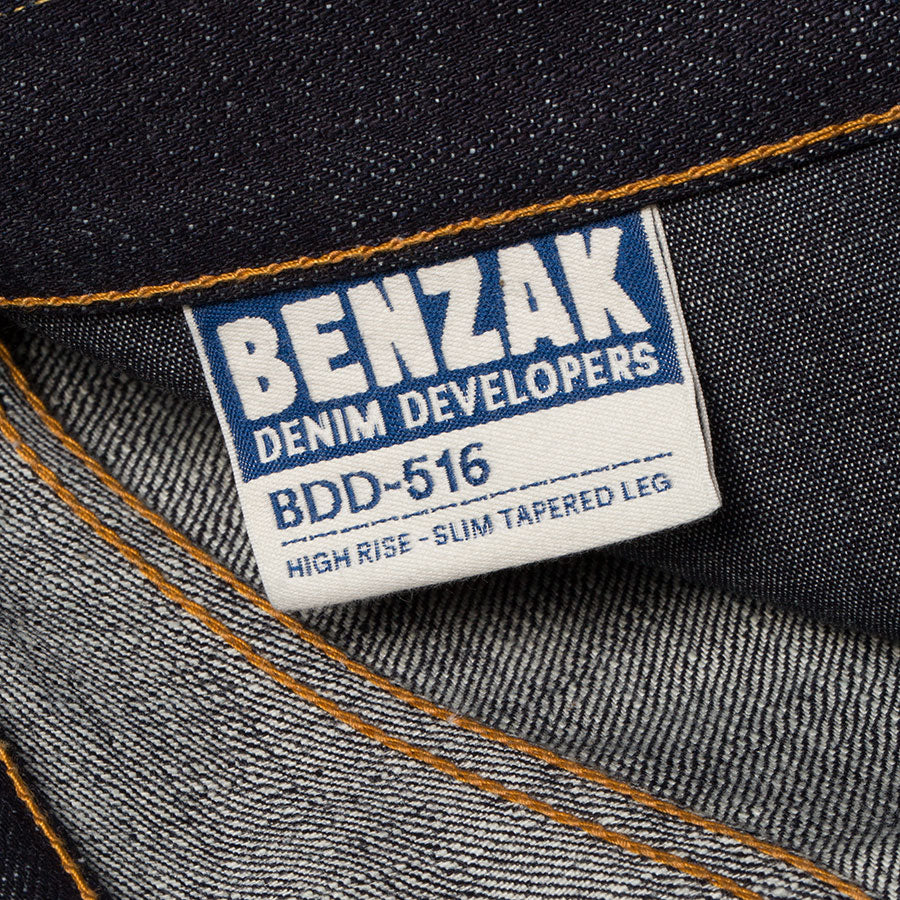 men's high waist tapered fit japanese selvedge denim jeans | indigo | made in japan | benzak BDD-516 heavy slub 16 oz. RHT | inside label 