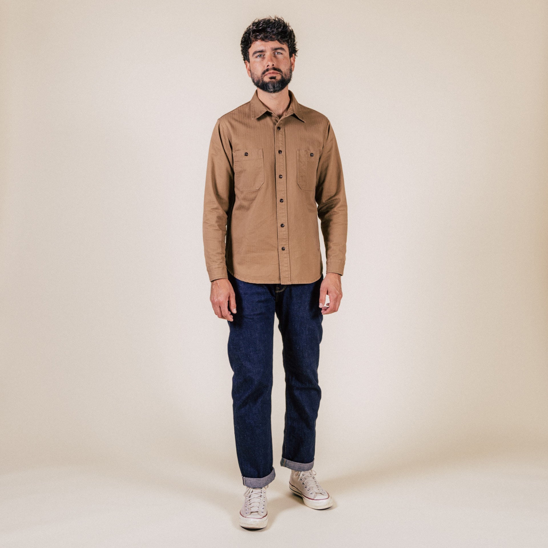 BWS-02 UTILITY SHIRT 8 oz. brown herringbone | BENZAK – Benzak